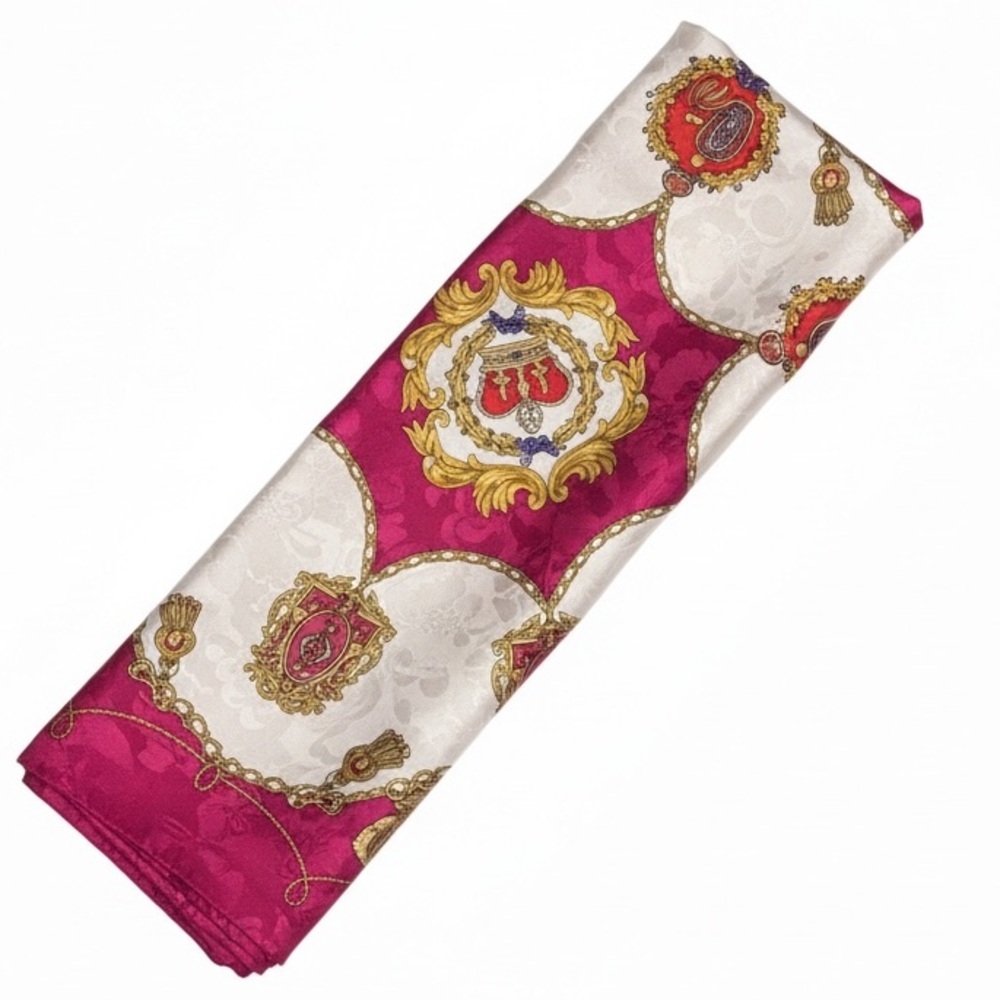 Vintage Leslie Fay Scarf Fuchsia Pink Floral Damask Crown Chain Baroque Square - Picture 2 of 8